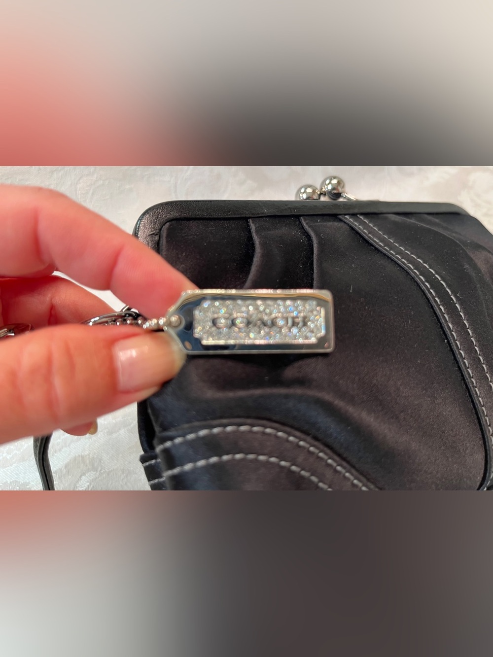 Coach Soho Kisslock Black Satin Clutch with Swarovski Crystal Studded Hangtag - Picture 10 of 13